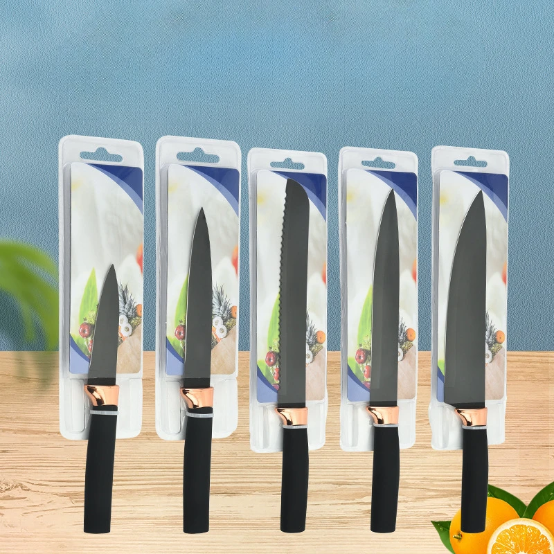 Kitchen Knife Stainless Steel Black Blade Straight Handle Rose Gold Plated Head Knife Set
Kitchen Knife Stainless Steel Black Blade Straight Handle Rose Gold Plated Head Knife Set