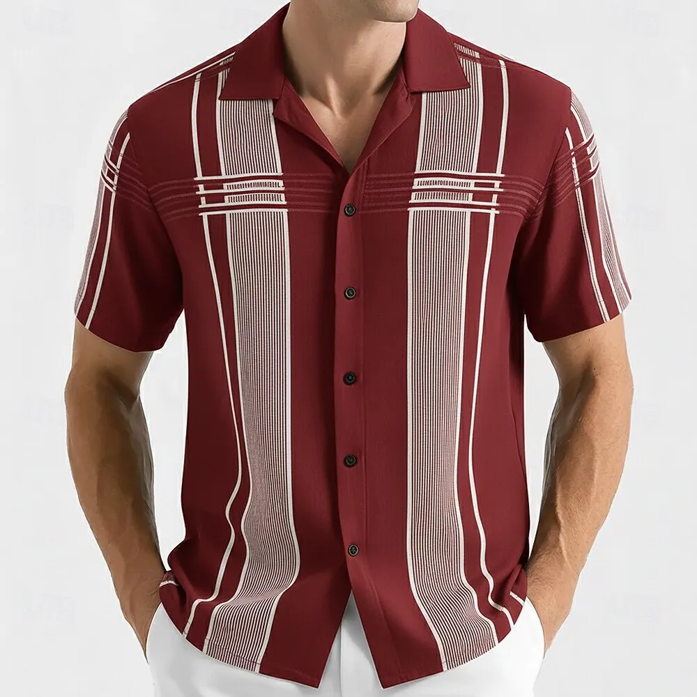 Men's Fashion Geometric Striped Bowling Shirt, Short Sleeve Collar Button Up Shirt,Streetwear Vacation Outfits for Spring Summer
Men's Fashion Geometric Striped Bowling Shirt, Short Sleeve Collar Button Up Shirt,Streetwear Vacation Outfits for Spring Summer