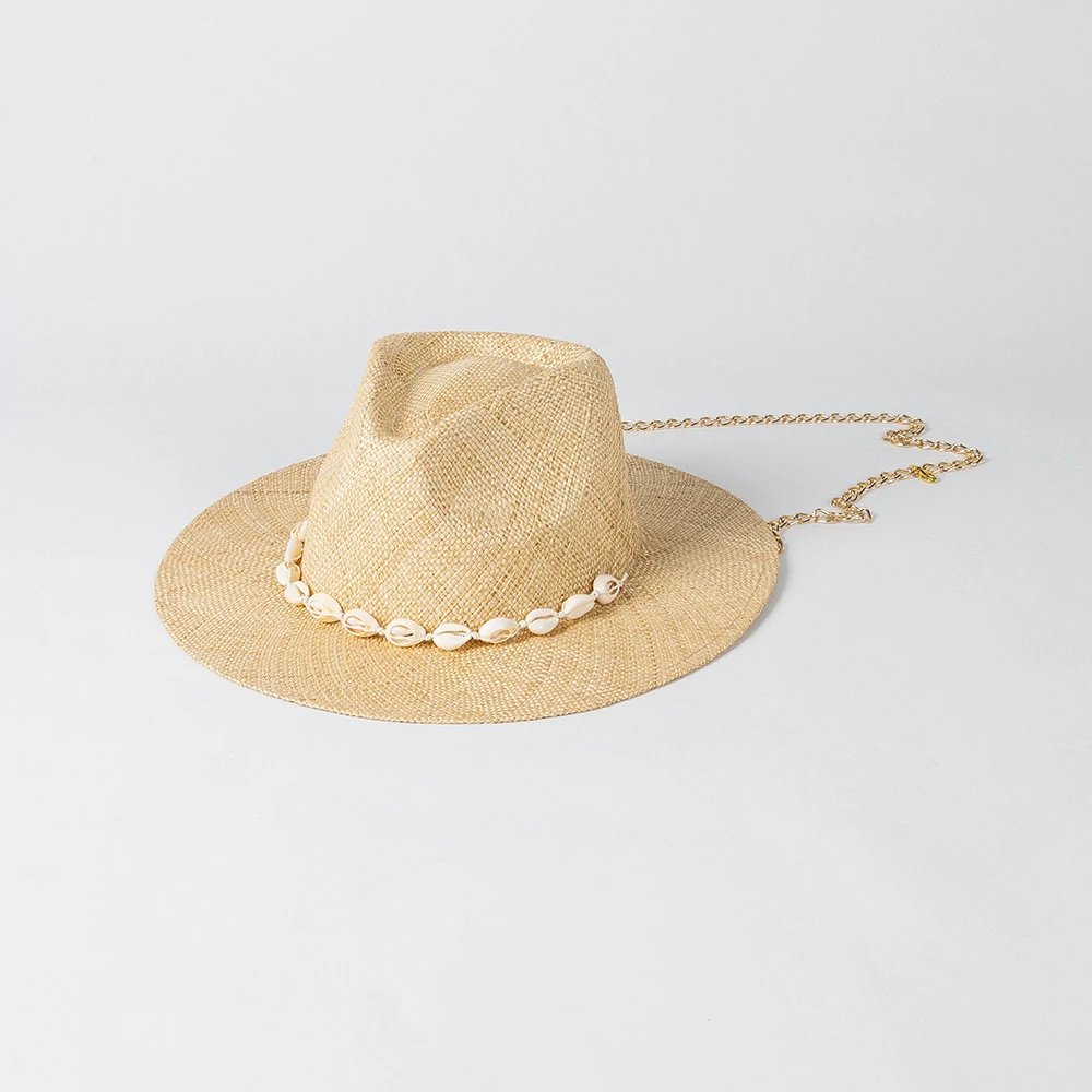 Spring and summer new fashion shell metal chain treasure grass wide brimmed jazz hat outdoor sun protection Panama hat
Spring and summer new fashion shell metal chain treasure grass wide brimmed jazz hat outdoor sun protection Panama hat