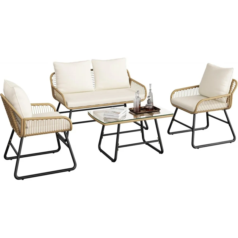 4-Piece Boho Wicker Patio Conversation Set, Loveseat & Armchairs with Cushions Pillows & Glass Table, All-Weather Yard Deck
4-Piece Boho Wicker Patio Conversation Set, Loveseat & Armchairs with Cushions Pillows & Glass Table, All-Weather Yard Deck