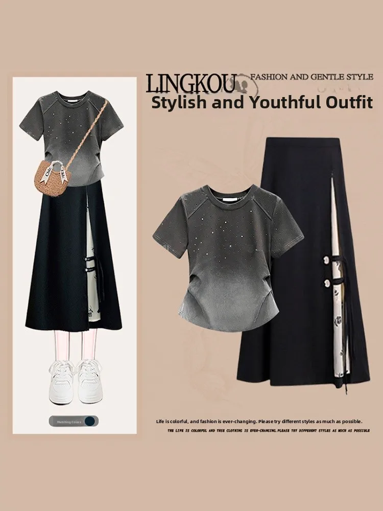 Summer Gradient Short Sleeve Women's Set High Waist Split Skirt round Neckline Fashionable Two-Piece Ensemble Ethnic Style
Summer Gradient Short Sleeve Women's Set High Waist Split Skirt round Neckline Fashionable Two-Piece Ensemble Ethnic Style