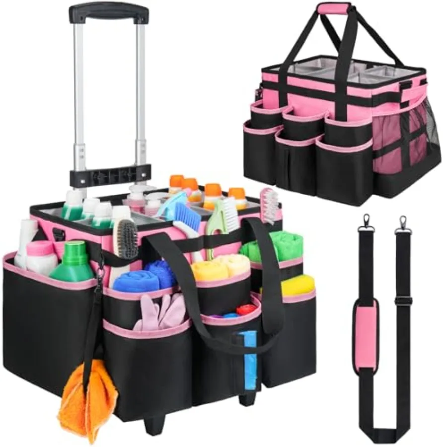 Large Rolling Cleaning Caddy Bag with Detachable Trolley, Cleaning Cart on Wheels with Shoulder Strap, Cleaning Supplies Organi
Large Rolling Cleaning Caddy Bag with Detachable Trolley, Cleaning Cart on Wheels with Shoulder Strap, Cleaning Supplies Organi