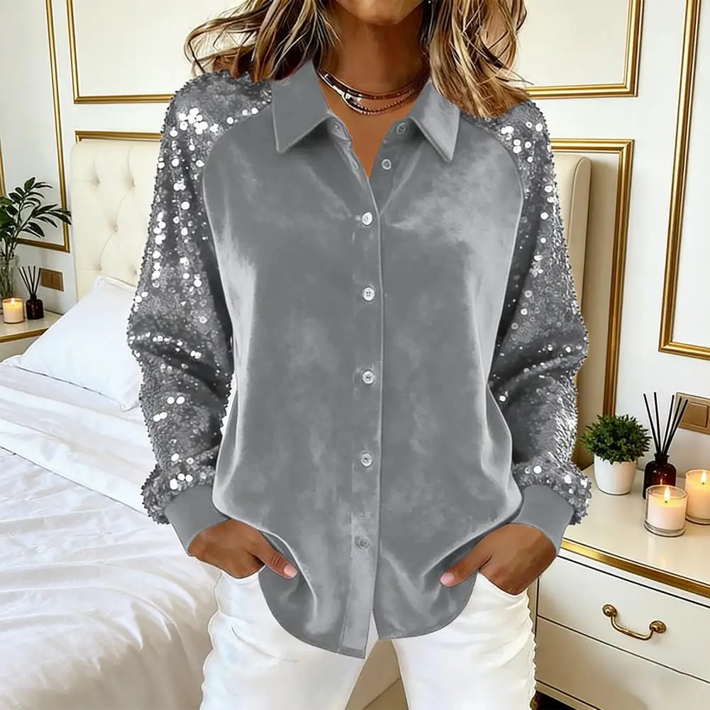 Блестящая блузка на пуговицах из полиэстера для женщин, женская блузка из бархата с пайетками, блестящая блузка на пуговицах с длинным рукавом для вечеринок
Блестящая блузка на пуговицах из полиэстера для женщин, женская блузка из бархата с пайетками, блестящая блузка на пуговицах с длинным рукавом для вечеринок