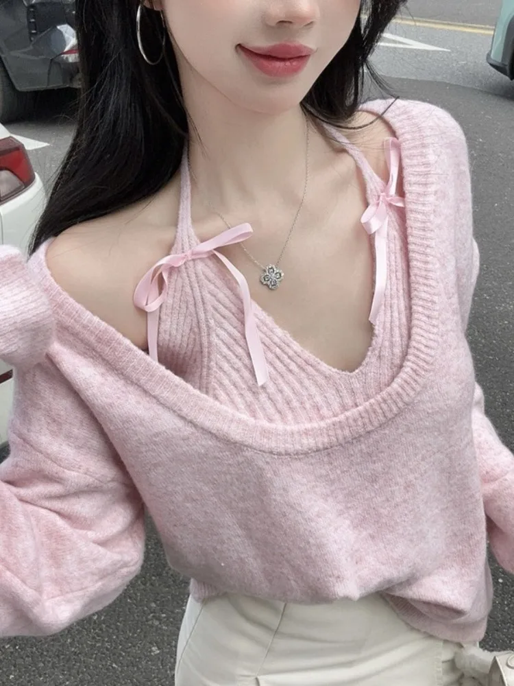 Dopamine Pink Sweater Women's Autumn Winter Sweet Spicy Girl One Shoulder Top Knitted Shirt Neck Hanging Strap Two Piece Set
Dopamine Pink Sweater Women's Autumn Winter Sweet Spicy Girl One Shoulder Top Knitted Shirt Neck Hanging Strap Two Piece Set