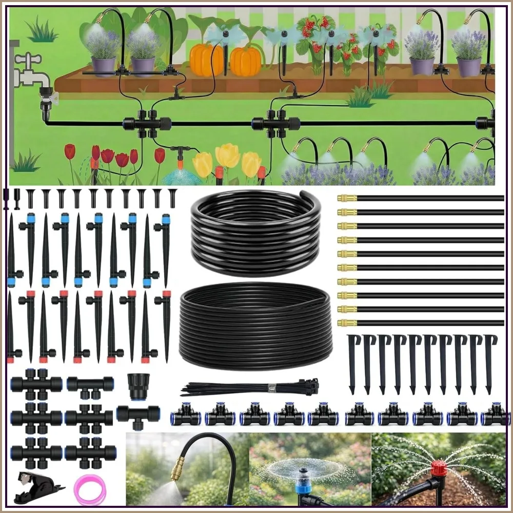 240FT Drip Irrigation System: 1/2" Quick Connect PE Tubing, Adjustable Misting Kit for Garden, Raised Beds, Greenhouse
240FT Drip Irrigation System: 1/2" Quick Connect PE Tubing, Adjustable Misting Kit for Garden, Raised Beds, Greenhouse
