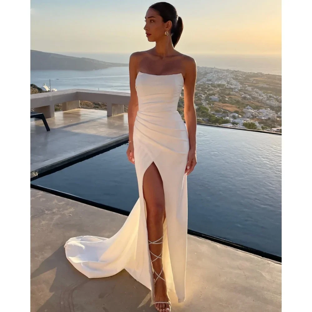 Simple White Side Split Mermaid Robes De Soirée Strapless Sleeveless Floor Length Custome Made Prom Dresses
Simple White Side Split Mermaid Robes De Soirée Strapless Sleeveless Floor Length Custome Made Prom Dresses