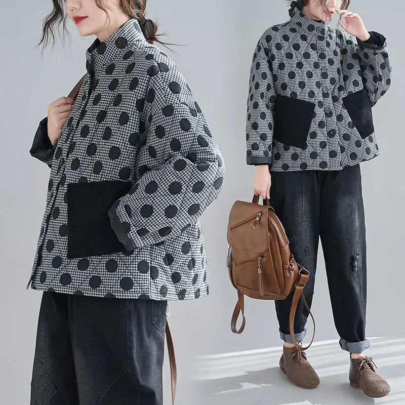 Женская хлопковая куртка в стиле ретро с круглым узором в горошек, для повседневной носки
Женская хлопковая куртка в стиле ретро с круглым узором в горошек, для повседневной носки