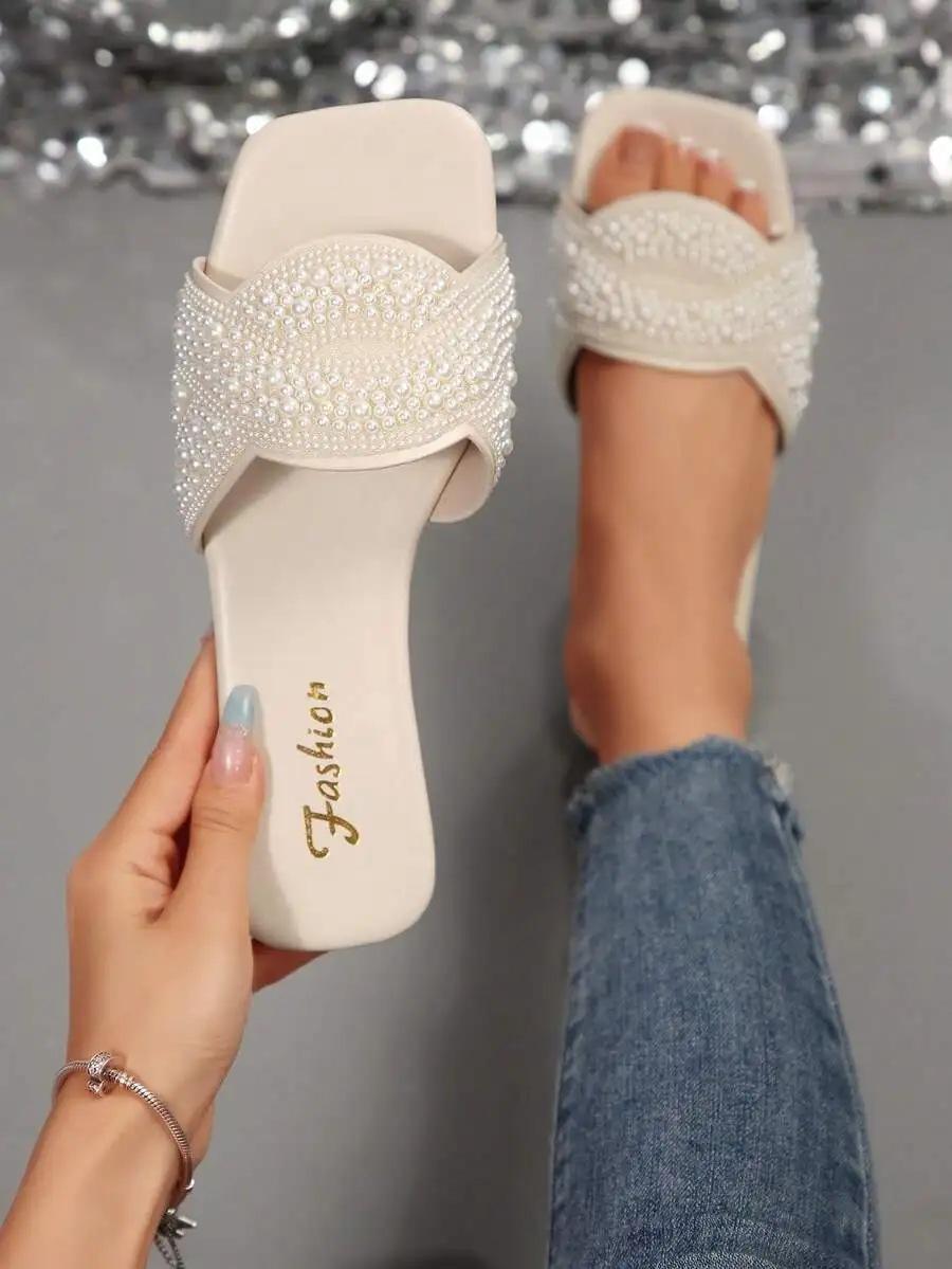 Elegant Pearl Embellished Square Toe Flat Slide Sandals For Women
Elegant Pearl Embellished Square Toe Flat Slide Sandals For Women