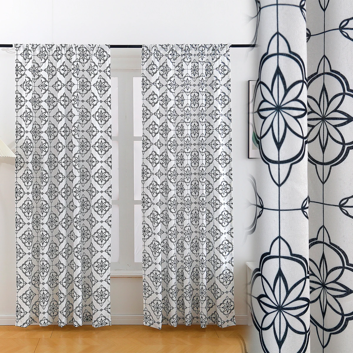 Geometric pattern style printed curtain.
Geometric pattern style printed curtain.