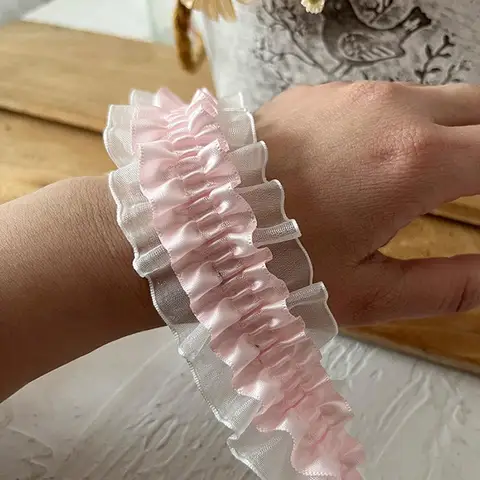 39.37 inch/100 cm DIY Handmade Decorations, Double Layer Elastic Lace Ruffled Elastic Webbing, Garment Accessory Lace Trimming, Ruffled Ribbon for Wedding Bouquet Decoration
