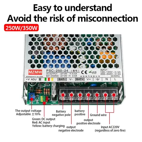 MZMW 35W 60W 100W 120W 150W 180W 250W 350W Battery Charger Switching Power Supply 110/220V AC/DC 12V 24V UPS/Charge Function