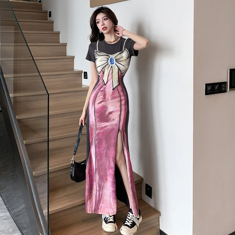 Women Clothing Bow Printed Slit Dress Short Sleeve Slim Vintage Chic Robe Summer Y2K Chic Dresses
Women Clothing Bow Printed Slit Dress Short Sleeve Slim Vintage Chic Robe Summer Y2K Chic Dresses