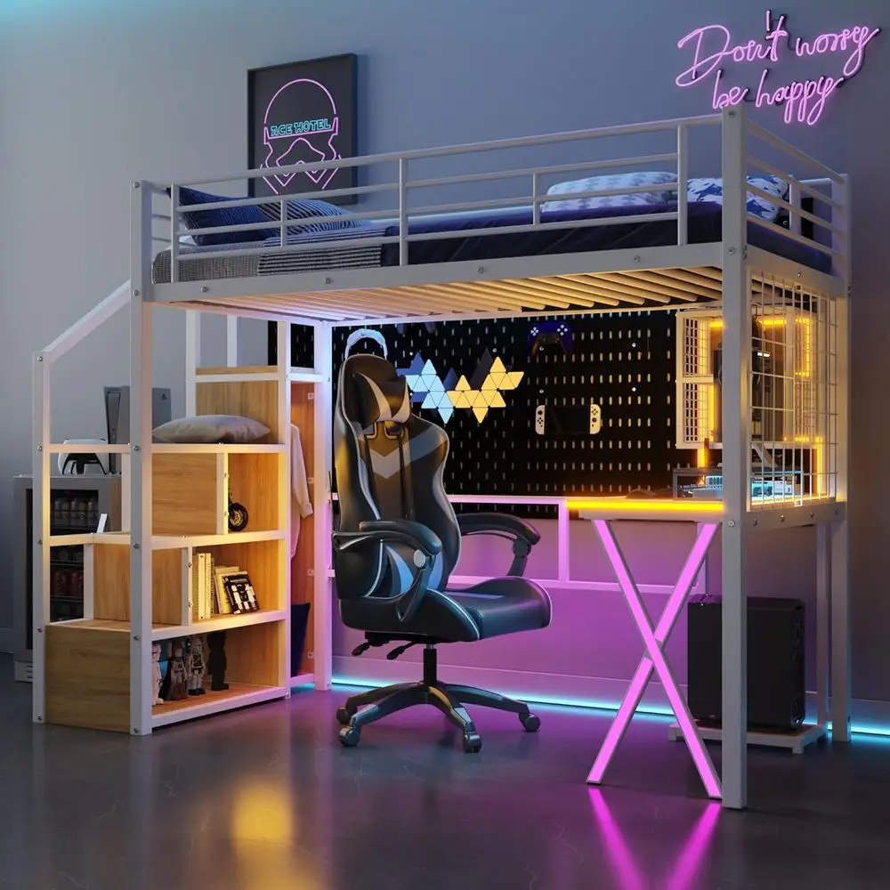 Twin Metal Bed with Desk, Stairs, and Storage for Kids, Teens, Adults - Space-Saving White
Twin Metal Bed with Desk, Stairs, and Storage for Kids, Teens, Adults - Space-Saving White