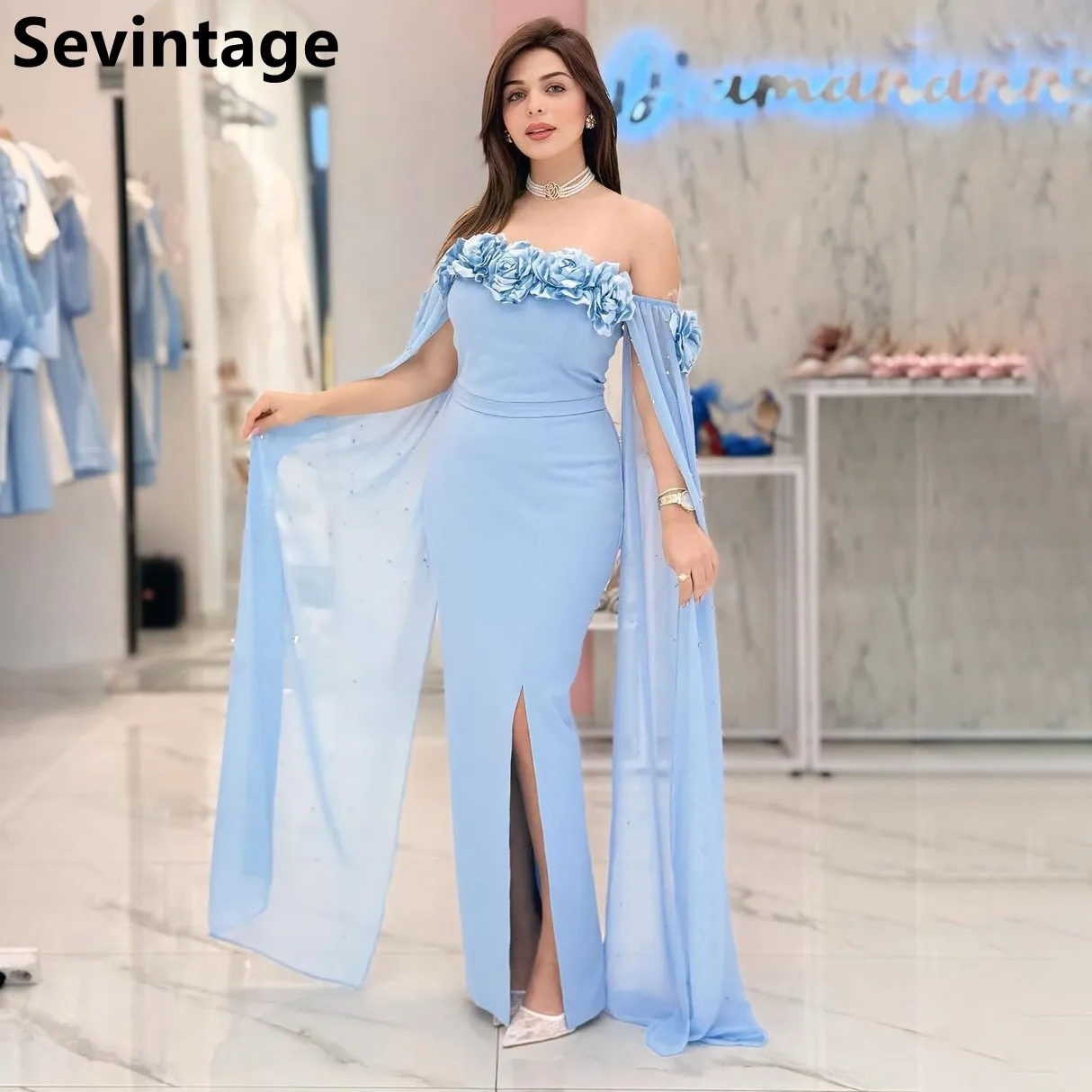 Sevintage 2025 Luxury Dubai Evening Dress Sky Blue Mermaid Off Shoulder Flowers Prom Party Dress Women Formal Gowns Customized
Sevintage 2025 Luxury Dubai Evening Dress Sky Blue Mermaid Off Shoulder Flowers Prom Party Dress Women Formal Gowns Customized