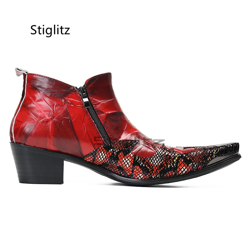 Red High Heels Cowhide Men's Boots Prints Short Pointed Metal Toe Fashion Party Wedding Shoes Genuine Leather Ankle Boots
Red High Heels Cowhide Men's Boots Prints Short Pointed Metal Toe Fashion Party Wedding Shoes Genuine Leather Ankle Boots