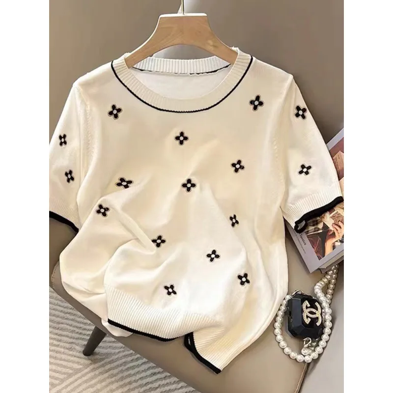 2022 summer new fashion simple jacquard short-sleeved knitted top Korean version loose round neck thin ice silk T-shirt
2022 summer new fashion simple jacquard short-sleeved knitted top Korean version loose round neck thin ice silk T-shirt