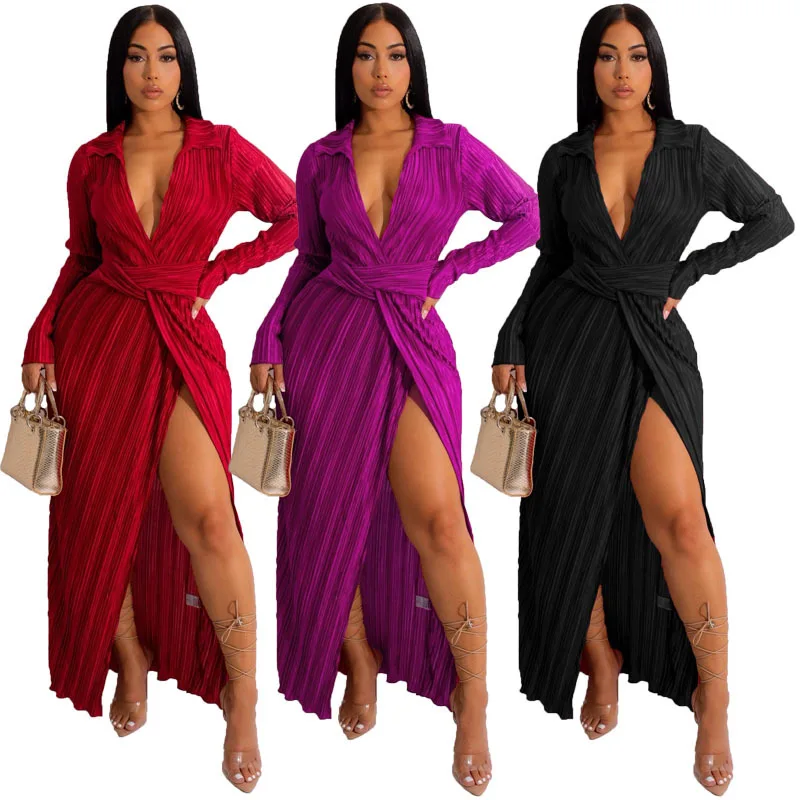 Womens Sexy Deep V Neck Dress Long Sleeve Turn Down Collar Pleated Slit Party Evening Maxi Dresses
Womens Sexy Deep V Neck Dress Long Sleeve Turn Down Collar Pleated Slit Party Evening Maxi Dresses