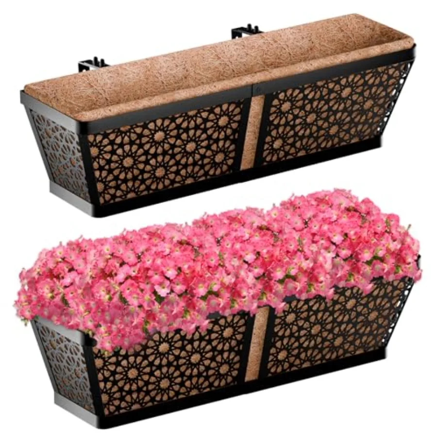 Railing Planter Boxes for deck, porch, fence, patio, balcony gardening; coconut fiber liner adjustable brackets; 24-inch black
Railing Planter Boxes for deck, porch, fence, patio, balcony gardening; coconut fiber liner adjustable brackets; 24-inch black