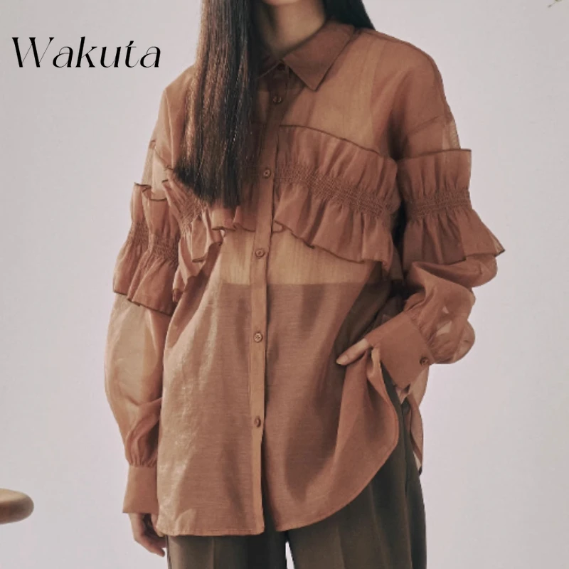 WAKUTA Japanese Harajuku Retro Collar Single Breasted Long Sleeved Blouses Summer New Perspective Lace Folded Loose Casual Shirt
WAKUTA Japanese Harajuku Retro Collar Single Breasted Long Sleeved Blouses Summer New Perspective Lace Folded Loose Casual Shirt