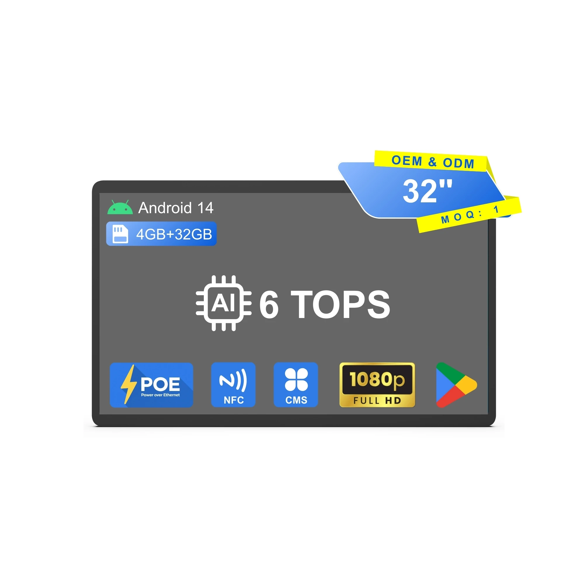 32-дюймовый настенный Android 14 FHD цифровой дисплей с сенсорным экраном RK3576S 4 + 32 ГБ дополнительный рекламный планшет POE NFC
32-дюймовый настенный Android 14 FHD цифровой дисплей с сенсорным экраном RK3576S 4 + 32 ГБ дополнительный рекламный планшет POE NFC