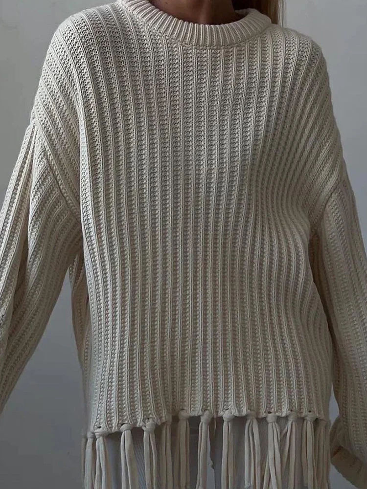 Crochet Solid Color Loose Commuting Sweater Women Elegant Solid Color Sweater Tops Fashion Tassel Long Sleeved Knitted Sweater
Crochet Solid Color Loose Commuting Sweater Women Elegant Solid Color Sweater Tops Fashion Tassel Long Sleeved Knitted Sweater