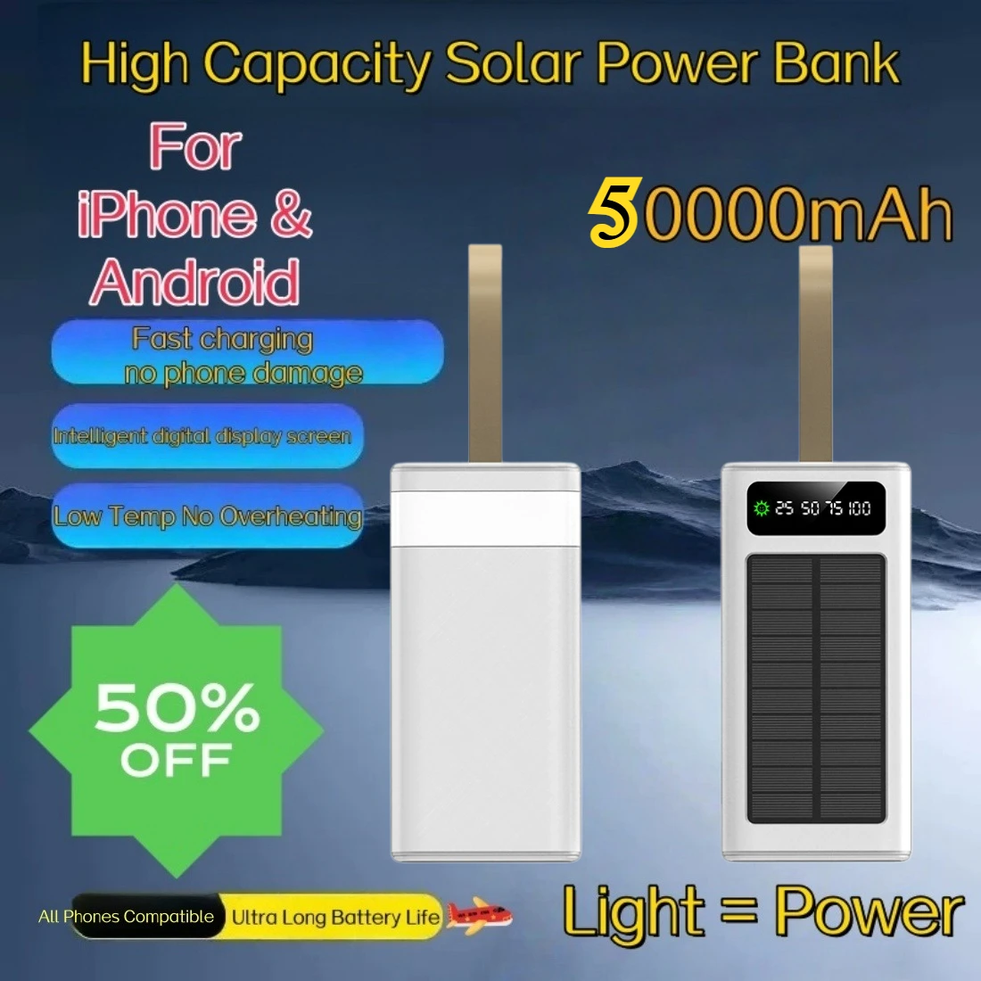 22.5W Super Fast Charging Solar Power Bank 50000mAh Large Capacity Built-in Cable Outdoor Portable Mobile Power Bank
22.5W Super Fast Charging Solar Power Bank 50000mAh Large Capacity Built-in Cable Outdoor Portable Mobile Power Bank