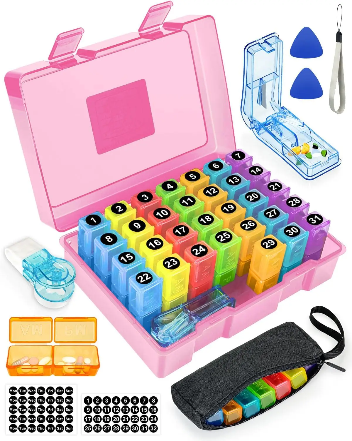 Large Monthly Pill Organizer 2 Times a Day – Portable Weekly Travel Bag, Pill Cutter, Easy-Open Tool, and Stickers (Pink)
Large Monthly Pill Organizer 2 Times a Day – Portable Weekly Travel Bag, Pill Cutter, Easy-Open Tool, and Stickers (Pink)
