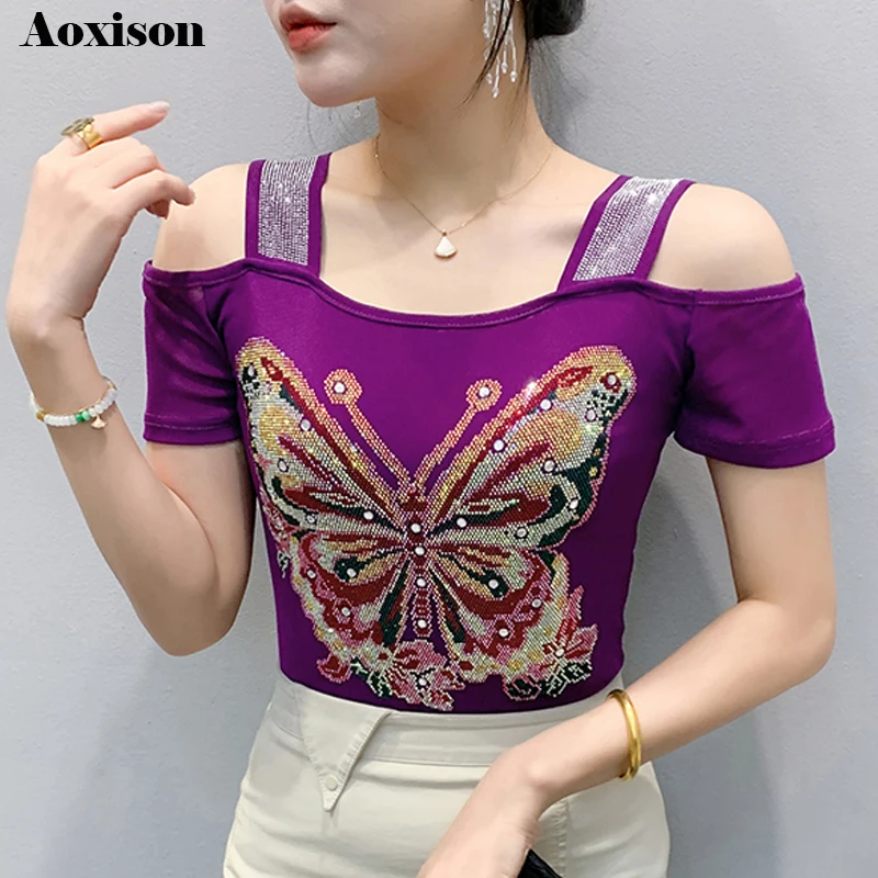 Aoxison M-3XL Women T-shirt Europen Style Butterfly Diamonds Mesh Tops Off Shoulder Short Sleeve Elegant Casual Tees Females
Aoxison M-3XL Women T-shirt Europen Style Butterfly Diamonds Mesh Tops Off Shoulder Short Sleeve Elegant Casual Tees Females