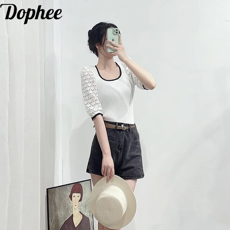 High Quality Summer Women Knitted Shirts Luxury Hollow Out Puff Sleeve U-neck Pullover Top All-match Slim Basic T-shirt 2024
High Quality Summer Women Knitted Shirts Luxury Hollow Out Puff Sleeve U-neck Pullover Top All-match Slim Basic T-shirt 2024