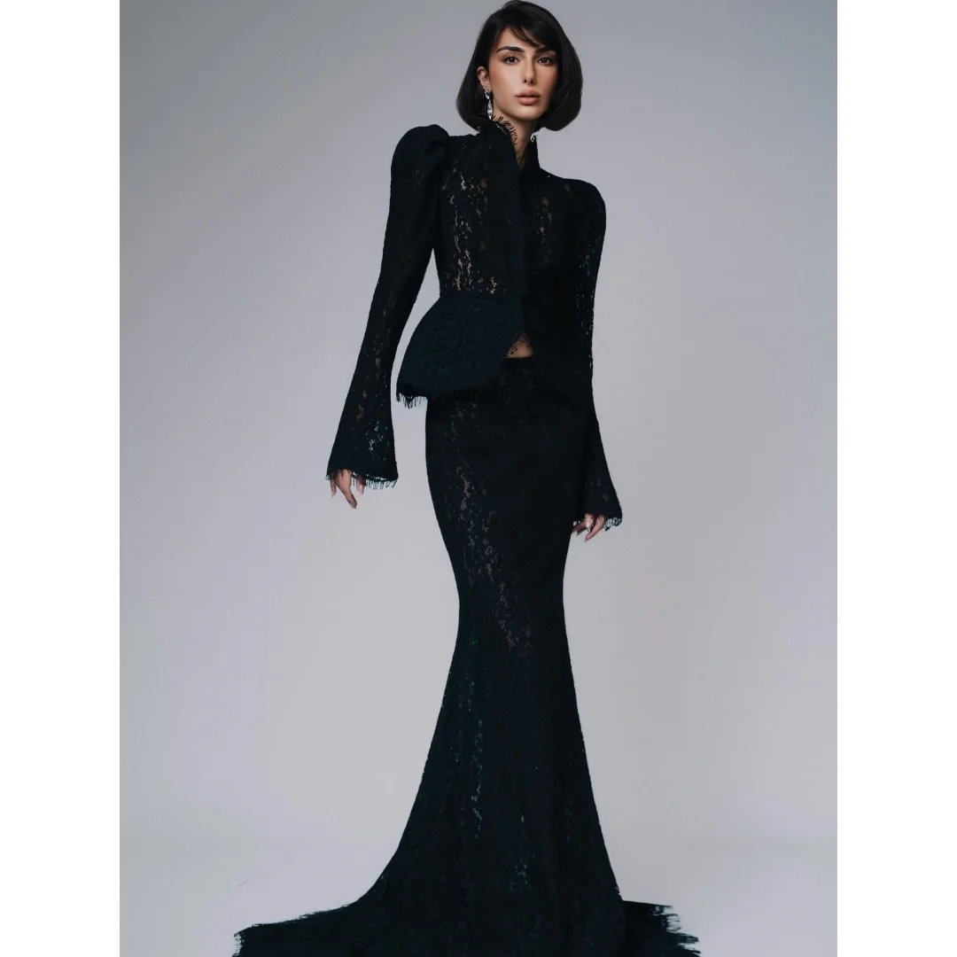 2 Pcs Black Lace Evening Dresses Long Sleeves Jacket Transparent Mermaid Prom Dress Elegant Party Gown Gala Vestidos Customized
2 Pcs Black Lace Evening Dresses Long Sleeves Jacket Transparent Mermaid Prom Dress Elegant Party Gown Gala Vestidos Customized