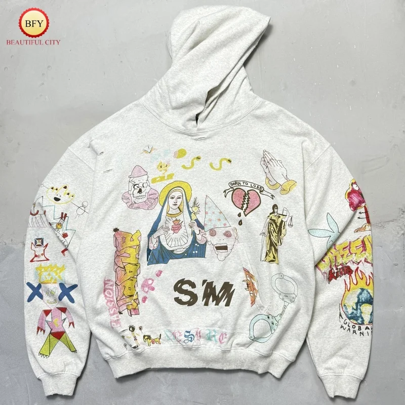 Saint Hand-drawn Graffiti All-over Print Retro Hooded Sweatshirt Washed Distressed Three-dimensional Cut Patchwork Hoodie
Saint Hand-drawn Graffiti All-over Print Retro Hooded Sweatshirt Washed Distressed Three-dimensional Cut Patchwork Hoodie