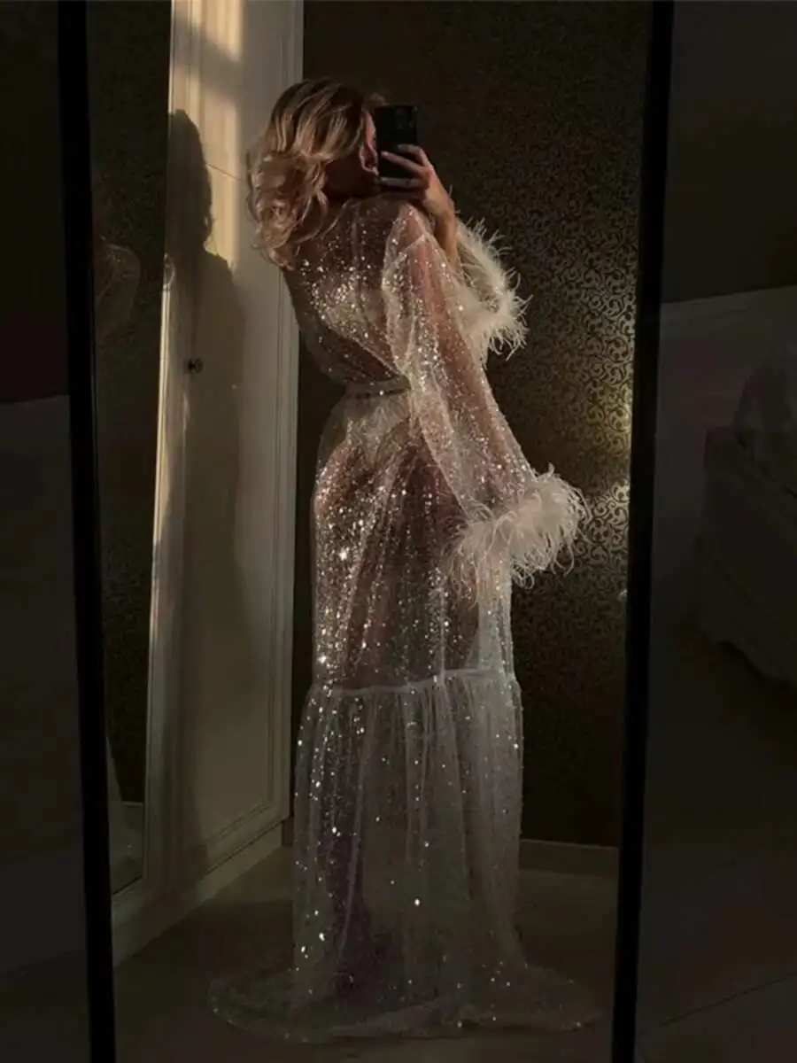 Transparent Shiny Sequined Maxi Robe Dress For Women Bridal Morning Gown Club Party
Transparent Shiny Sequined Maxi Robe Dress For Women Bridal Morning Gown Club Party