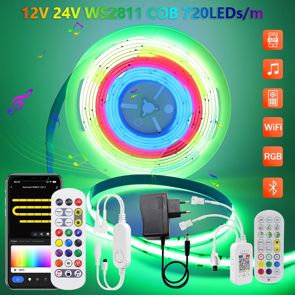 DC 12V/24V Dream Color COB LED Strip Bluetooth Wifi 720Leds/m RGBIC WS2811 Luces Led Strip Individually Addressable Diode Tape
DC 12V/24V Dream Color COB LED Strip Bluetooth Wifi 720Leds/m RGBIC WS2811 Luces Led Strip Individually Addressable Diode Tape