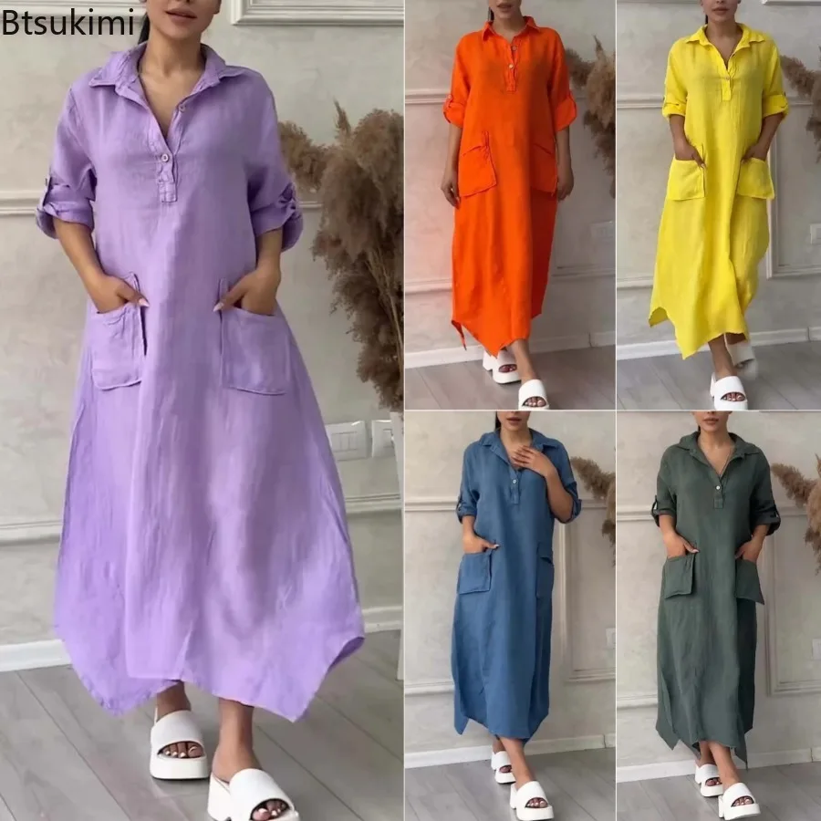 2025 Women's A-line Solid Shirt Dress Breathable Cotton Linen Lapel Irregular Hem Design Pocket Dress Ladies Casual Maxi Dress
2025 Women's A-line Solid Shirt Dress Breathable Cotton Linen Lapel Irregular Hem Design Pocket Dress Ladies Casual Maxi Dress