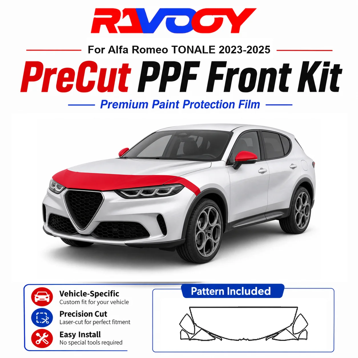 8.5mil TPU Precut PPF Kit For Alfa Romeo TONALE 2023-2025 - Hood, Fenders & Mirror Set - Self-Healing Clear Bra Film
8.5mil TPU Precut PPF Kit For Alfa Romeo TONALE 2023-2025 - Hood, Fenders & Mirror Set - Self-Healing Clear Bra Film