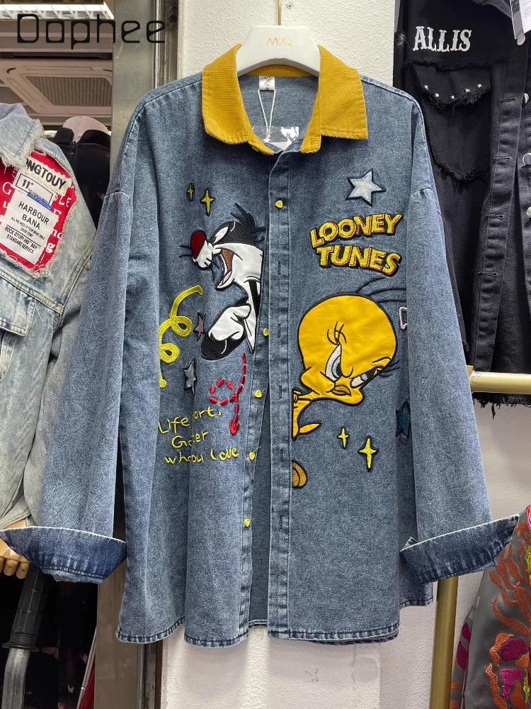 American Retro Cartoon Embroidery Washed Contrasting Denim Shirt Women's Spring Autumn Loose Versatile Long-sleeved Jacket
American Retro Cartoon Embroidery Washed Contrasting Denim Shirt Women's Spring Autumn Loose Versatile Long-sleeved Jacket