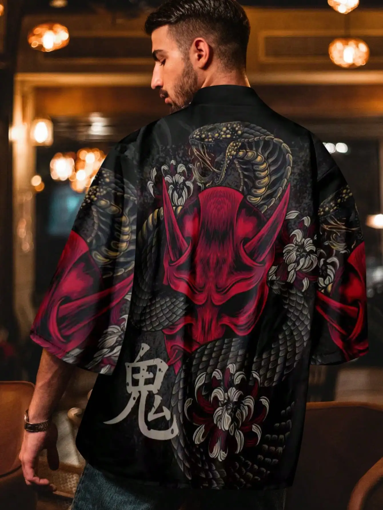 Loose Western street fashion cool casual shirt with Japanese and style haori, cartoon ghost pattern on the sleeves
Loose Western street fashion cool casual shirt with Japanese and style haori, cartoon ghost pattern on the sleeves