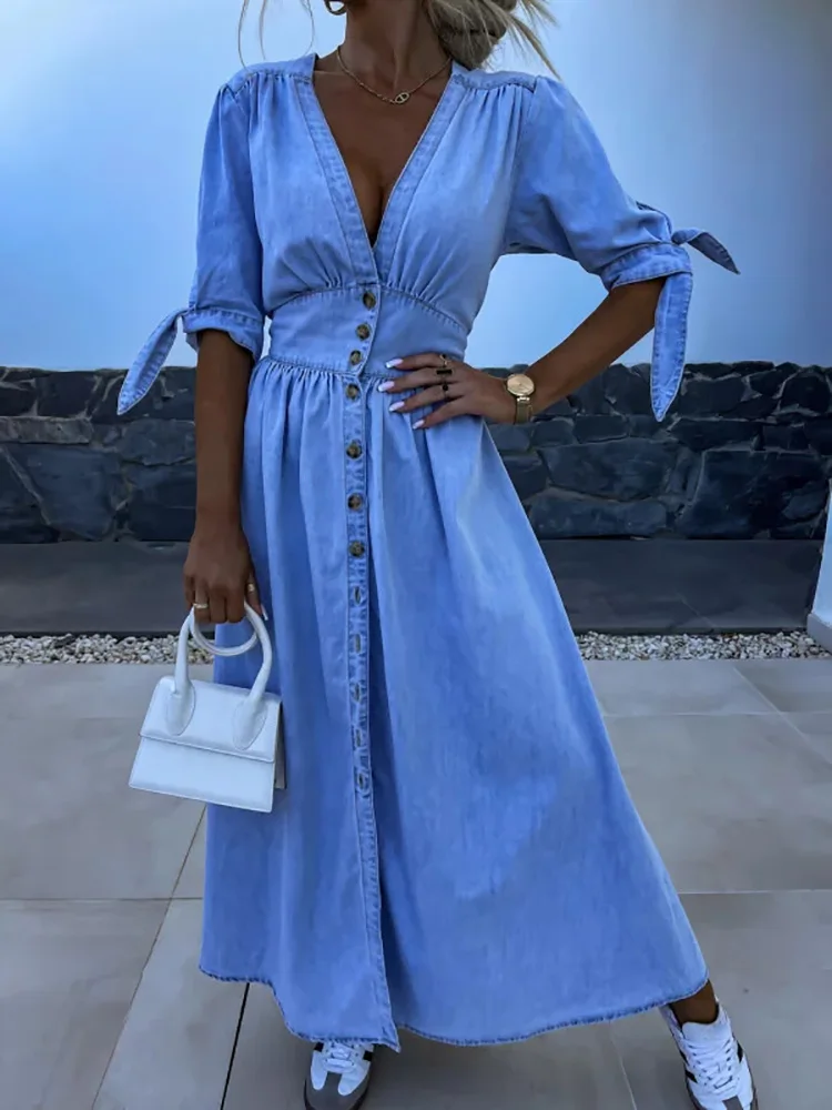 Beach Style Fashion V Neck Mxi Dress, Women Summer Half Sleeve Patchwork Casual Party Dress, Retro Buttons Lacing Up Femme Dress
Beach Style Fashion V Neck Mxi Dress, Women Summer Half Sleeve Patchwork Casual Party Dress, Retro Buttons Lacing Up Femme Dress