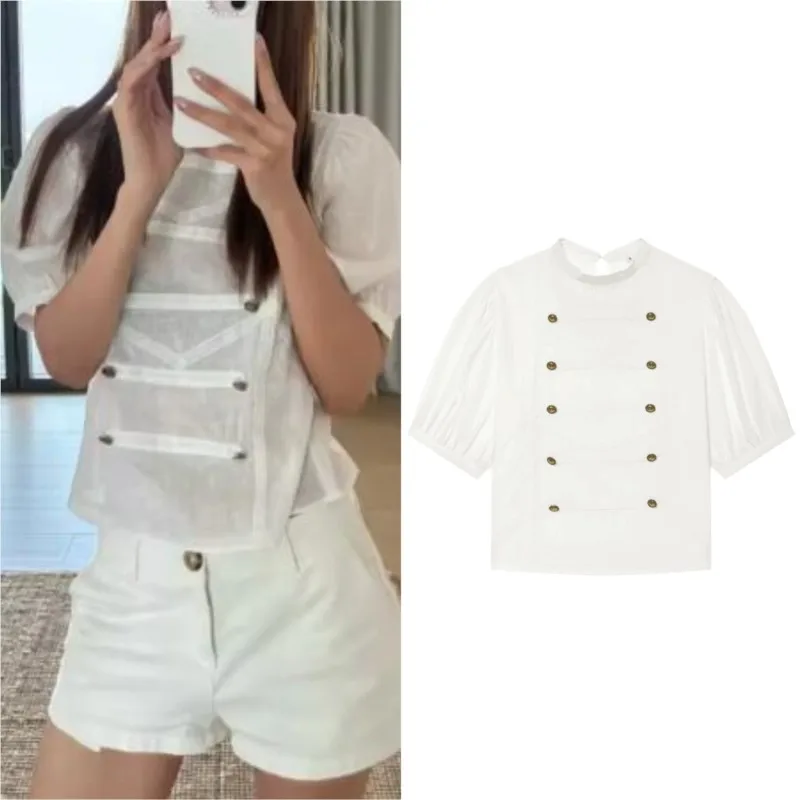 Women's Shirt Summer New Elegant Round Neck Short Puff Sleeves Buttons Blouses Fashion Casual Vacation Female Tops
Women's Shirt Summer New Elegant Round Neck Short Puff Sleeves Buttons Blouses Fashion Casual Vacation Female Tops