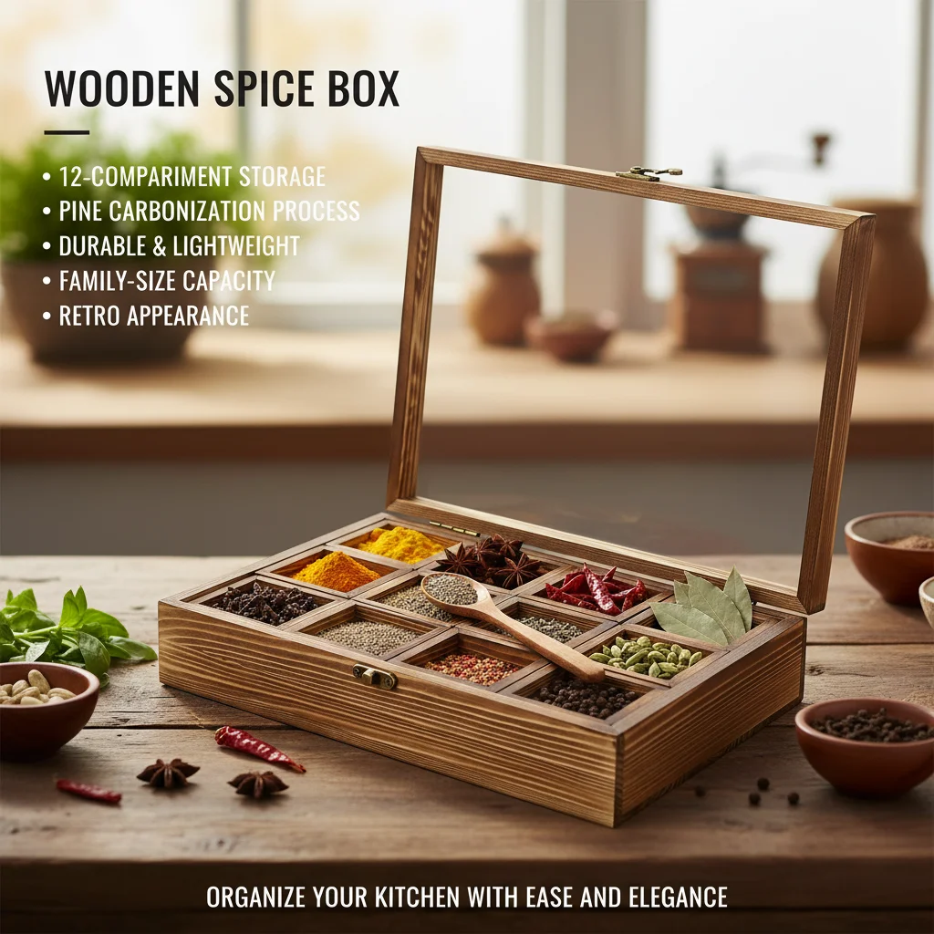 Vintage Wooden Rack 12 Grid Seasoning Canister 45ml Tea Box with Transparent Cover & Spoons for Herb Spice Organization Home Countertop
Vintage Wooden Rack 12 Grid Seasoning Canister 45ml Tea Box with Transparent Cover & Spoons for Herb Spice Organization Home Countertop