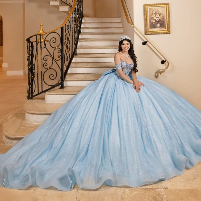 Customized Sky Blue Quinceanera Dresses Ball Gown Off The Shoulder Beading Crystal Bow Tull Corset Party Birthday Sweet 16 Vesti
Customized Sky Blue Quinceanera Dresses Ball Gown Off The Shoulder Beading Crystal Bow Tull Corset Party Birthday Sweet 16 Vesti