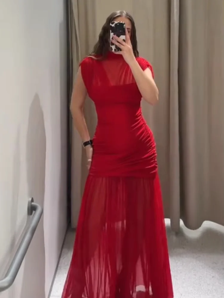Elegant Red Patchwork Gauze Dresses Fashion Round Neck Sleeveless Slim Fit Ruffle High Waist Women Robe New Summer Evening Gowns
Elegant Red Patchwork Gauze Dresses Fashion Round Neck Sleeveless Slim Fit Ruffle High Waist Women Robe New Summer Evening Gowns