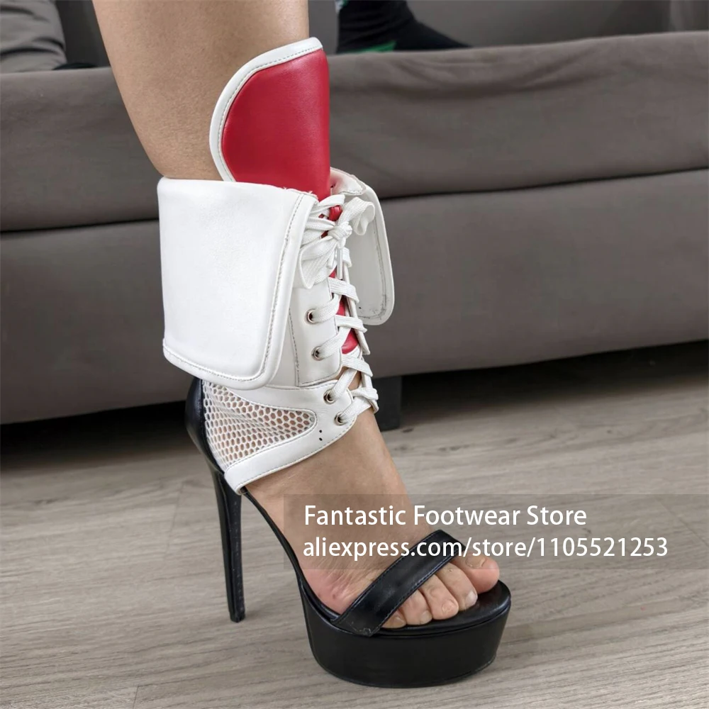 Fold over Ankle Sandal Boots Black White Red Color Block Lace up Cutout Stiletto High Heels Open Round Toe Women's Summer Boots
Fold over Ankle Sandal Boots Black White Red Color Block Lace up Cutout Stiletto High Heels Open Round Toe Women's Summer Boots
