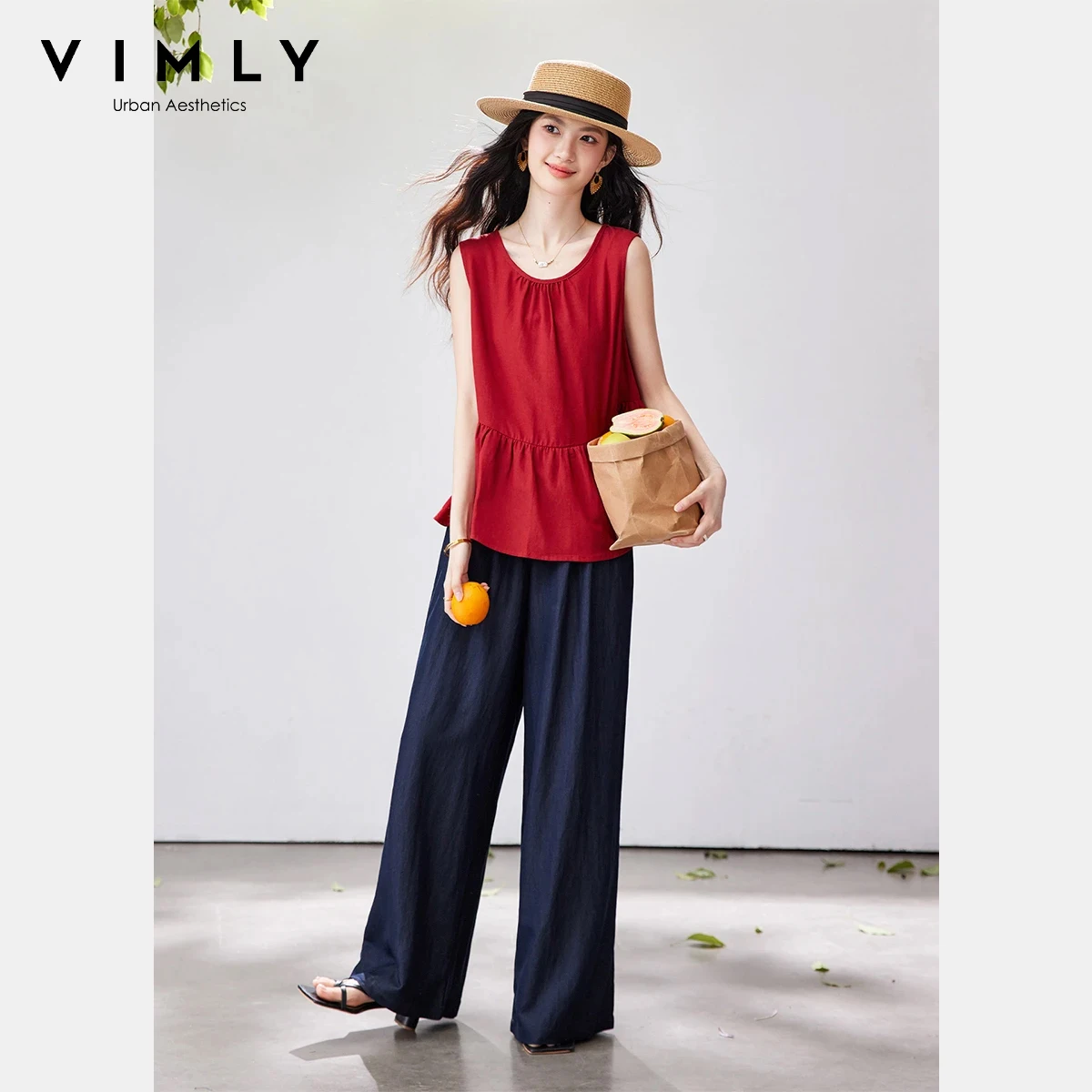 VIMLY Casual Vacation Outfit Women's 2026 Summer New Red Round Neck Sleeveless Ruffle Hem Top Wide Leg Pants Two-Piece Set 30838
VIMLY Casual Vacation Outfit Women's 2026 Summer New Red Round Neck Sleeveless Ruffle Hem Top Wide Leg Pants Two-Piece Set 30838