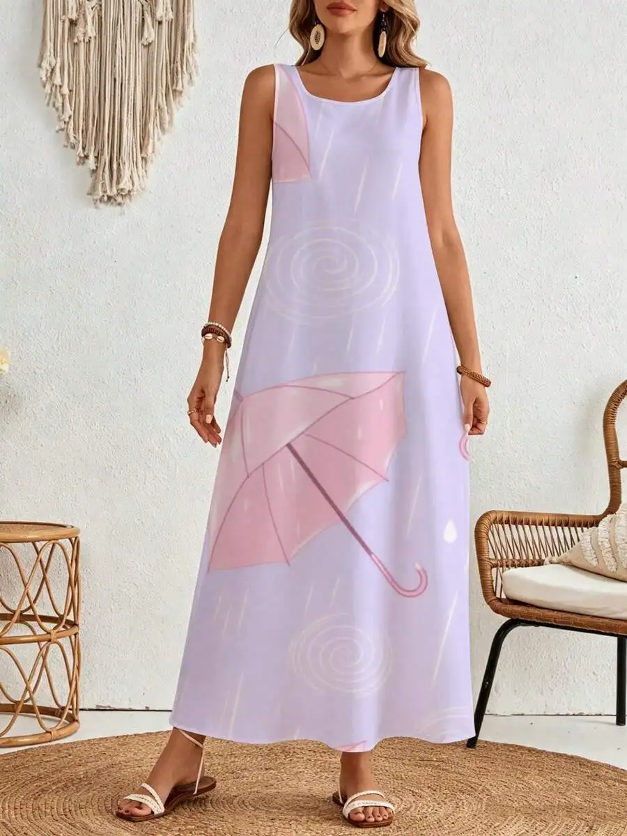 Lavender Sleeveless Maxi Dress Featuring Pink Umbrella And Raindrop Motif For Summer Beach Holiday Casual Style
Lavender Sleeveless Maxi Dress Featuring Pink Umbrella And Raindrop Motif For Summer Beach Holiday Casual Style