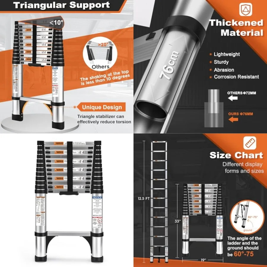 Telescoping Ladder, 12.5 Feet Aluminum Lightweight Extension Ladder with 2 Triangle Stabilizers, Heavy Duty 250lbs Max Capacity
Telescoping Ladder, 12.5 Feet Aluminum Lightweight Extension Ladder with 2 Triangle Stabilizers, Heavy Duty 250lbs Max Capacity