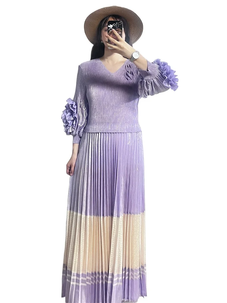 Miyake Pleated Dress for Women 2025 New Gold-toned Contrasting Color Spliced Printed V-neck Lantern Sleeves Large-size Dresses
Miyake Pleated Dress for Women 2025 New Gold-toned Contrasting Color Spliced Printed V-neck Lantern Sleeves Large-size Dresses