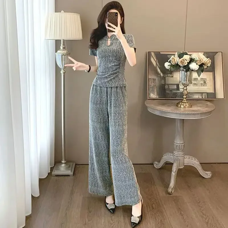 Chinese style short sleeved top+casual wide leg pants two-piece set Fashion suit women's summer new style high-end feeling new
Chinese style short sleeved top+casual wide leg pants two-piece set Fashion suit women's summer new style high-end feeling new