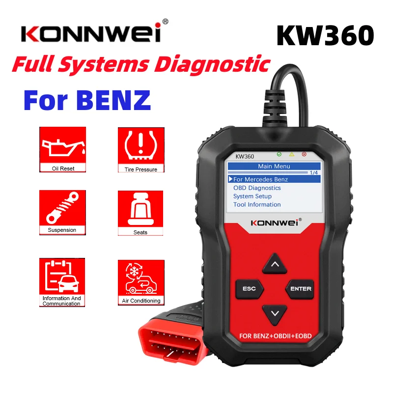 KONNWEI KW360 OBD2 автомобильный сканер OBDII автоматическая диагностика для полных систем Mercedes-Benz диагностический инструмент W212 ABS подушка безопасности сброс масла
KONNWEI KW360 OBD2 автомобильный сканер OBDII автоматическая диагностика для полных систем Mercedes-Benz диагностический инструмент W212 ABS подушка безопасности сброс масла
