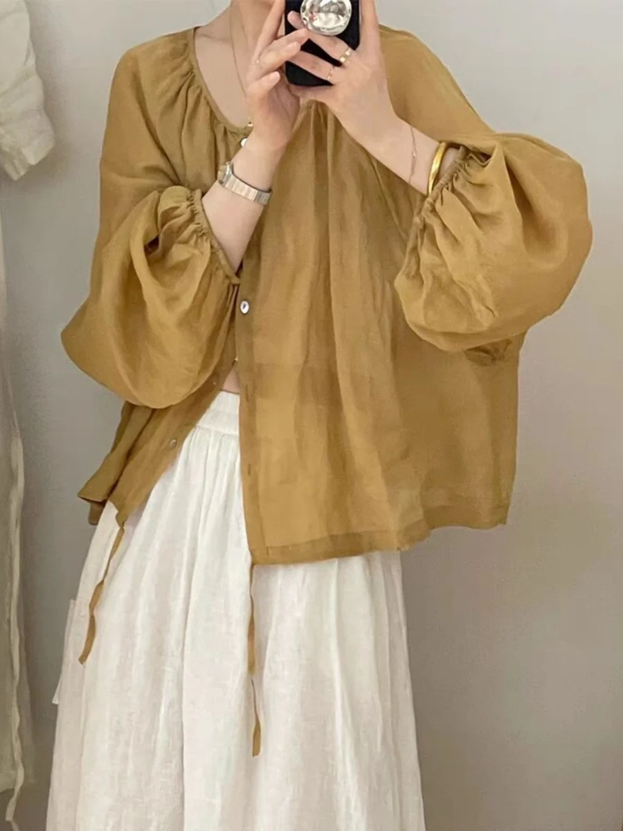 Japanese Style Loose Fit Summer Linen Shirt Women's Bubble Sleeve round Neck Seven-Quarter Length Slimming Top in Mustard Color
Japanese Style Loose Fit Summer Linen Shirt Women's Bubble Sleeve round Neck Seven-Quarter Length Slimming Top in Mustard Color